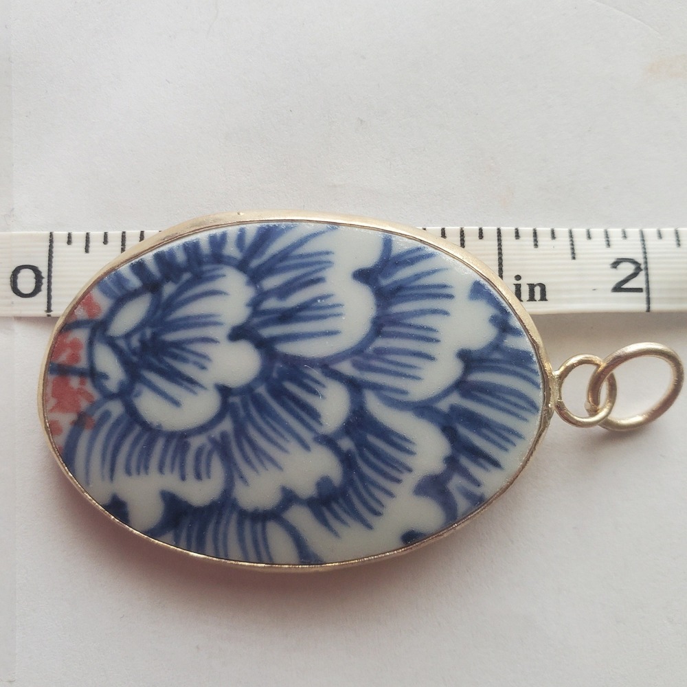 Blue & White Porcelain Floral Oval Pendant Broken‎ China Chinoiserie Jewelry - Picture 6 of 10